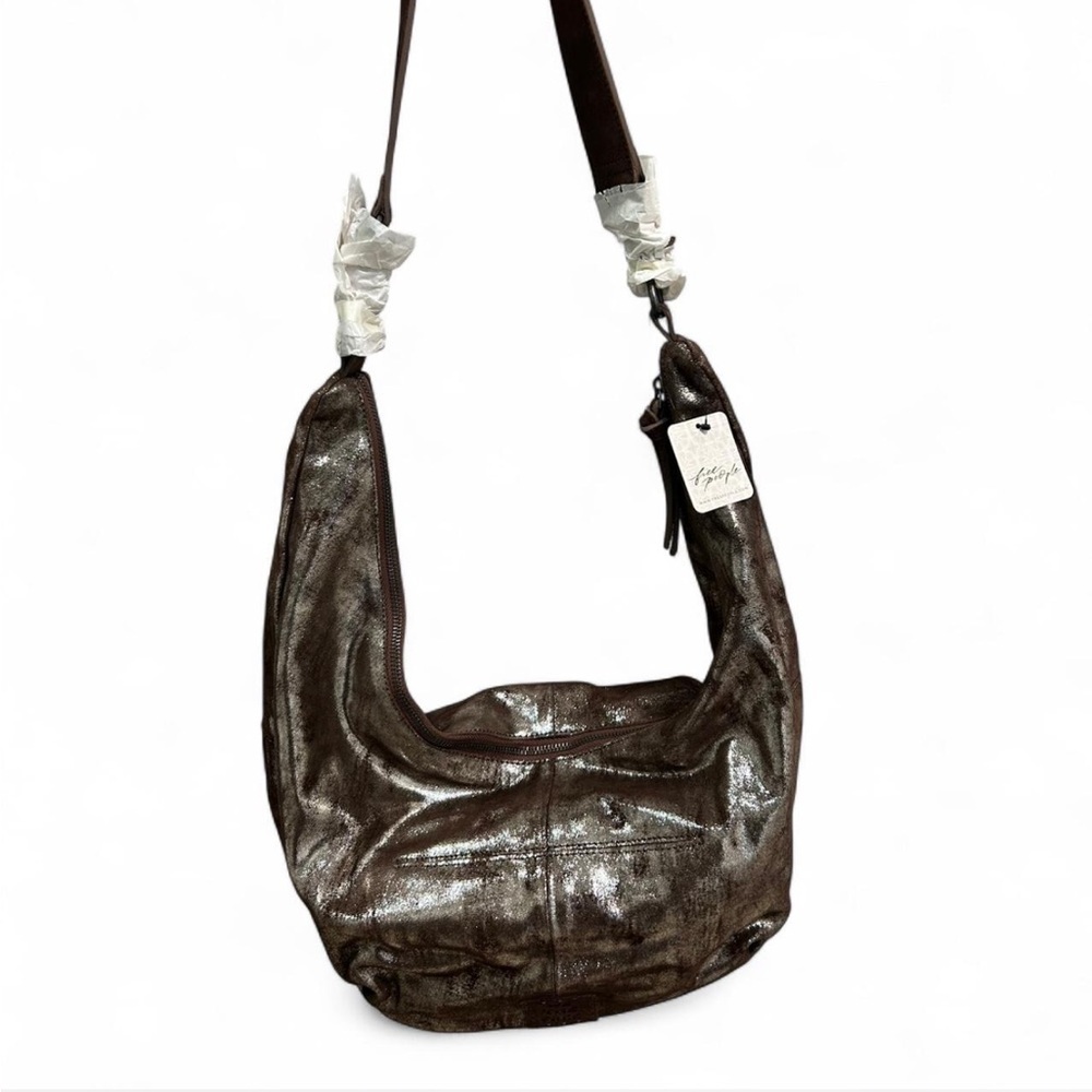 NWT Free People Brown Leather Sparta Sling Bag Large Boho Crossbody Shimmer - Picture 8 of 10